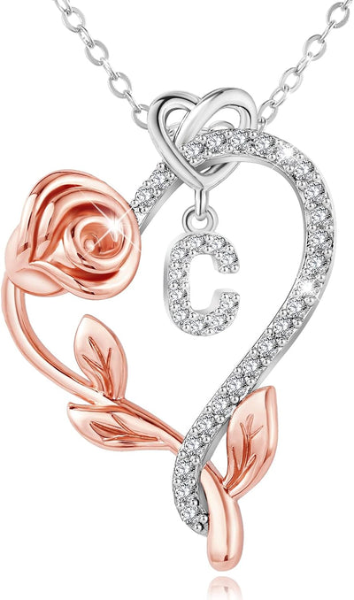 925 Sterling Silver Rose Heart Initial Necklace - Dainty Jewelry with 5A Cubic Zirconia, Perfect for Valentine'S Day, Mother'S Day, and Birthday Gifts for Daughter, Wife, and Mom