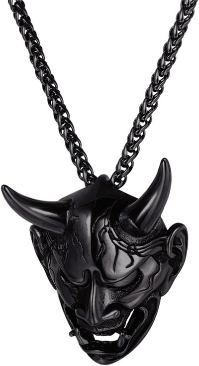 Hannya Mask Necklace, Mens Gothic Punk Pendant, Stainless Steel Silver Black Personalized Evil Demon Horn Jewelry Oni Necklaces with 22 Inch Chain