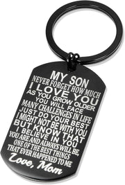 Inspirational Gift Son from Mom-Never Forget How Much I Love You Jewelry Mother Son Birthday Graduation Gifts Keychain for Teen Boy (Black)