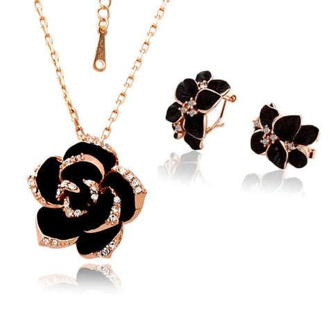 Fashion Rose Flower Enamel Jewelry Set Rose Gold Color Black Bridal Jewelry Sets for Women Wedding 2022 Best Selling Products