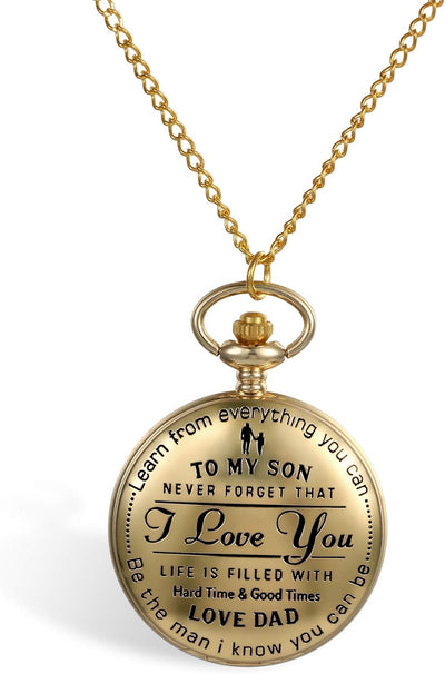 Classic Pocket Watch Necklace to My Son Engraved Watch Pendant Necklace with Chain for Men