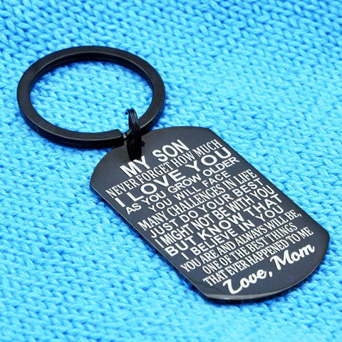 Inspirational Gift Son from Mom-Never Forget How Much I Love You Jewelry Mother Son Birthday Graduation Gifts Keychain for Teen Boy (Black)