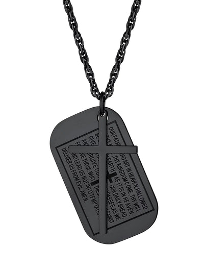 Cross Necklace Bible Verse Black Pendant for Men Boys Stainless Steel Dog Tag Religious Jewelry Inspirational Gift for Husband Father Son