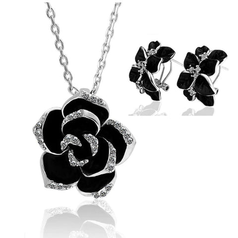 Fashion Rose Flower Enamel Jewelry Set Rose Gold Color Black Bridal Jewelry Sets for Women Wedding 2022 Best Selling Products